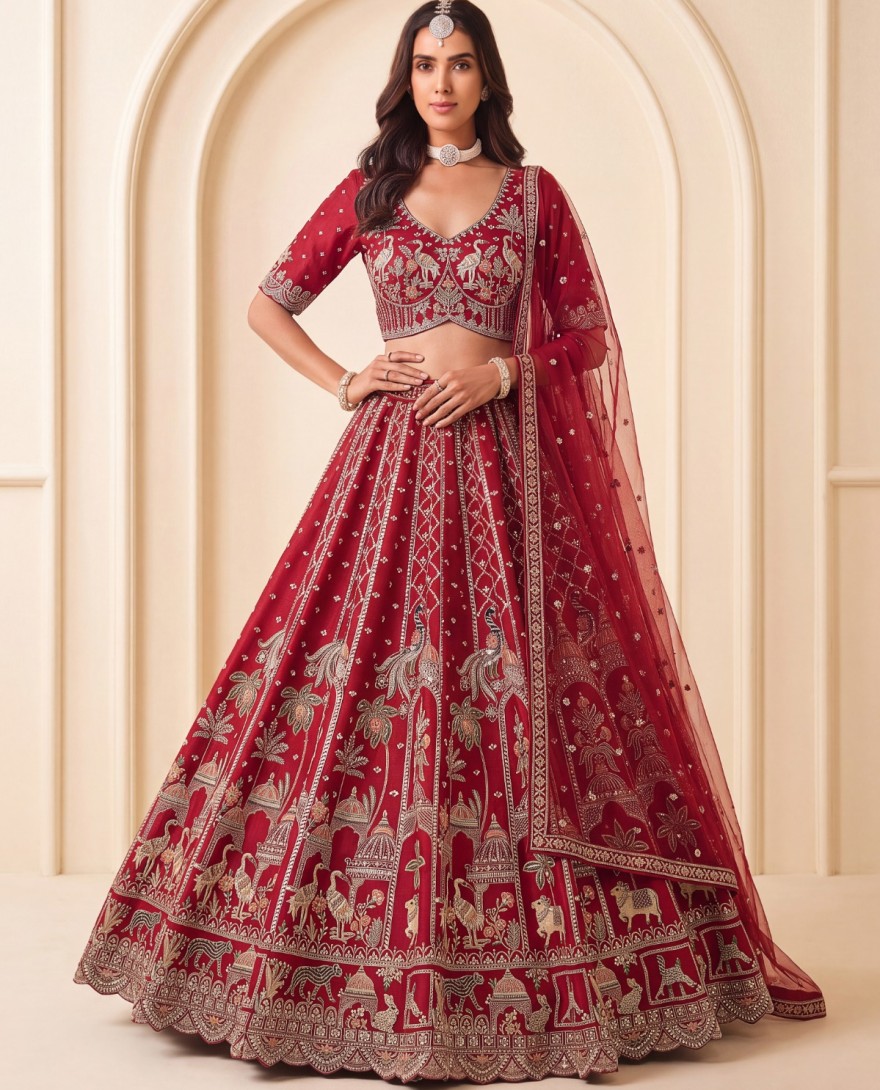 3073 - Silk Lehenga Choli In Red Colour